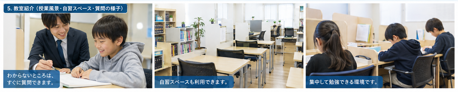 質問対応・自習スペース・集中して学ぶ様子を紹介する教室紹介画像