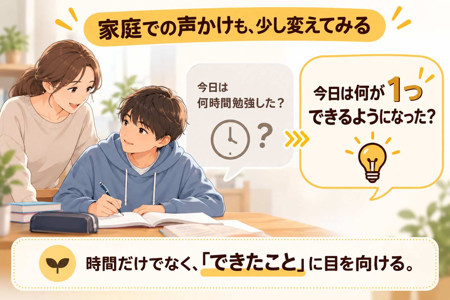 家庭での声かけも、少し変えてみる。「今日は何時間勉強した?」から「今日は何が1つできるようになった?」へ。